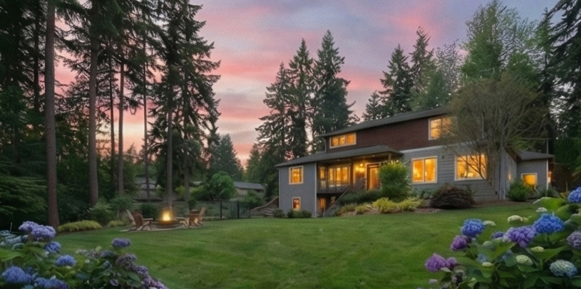 Tall Pines Garden exterior at sunset